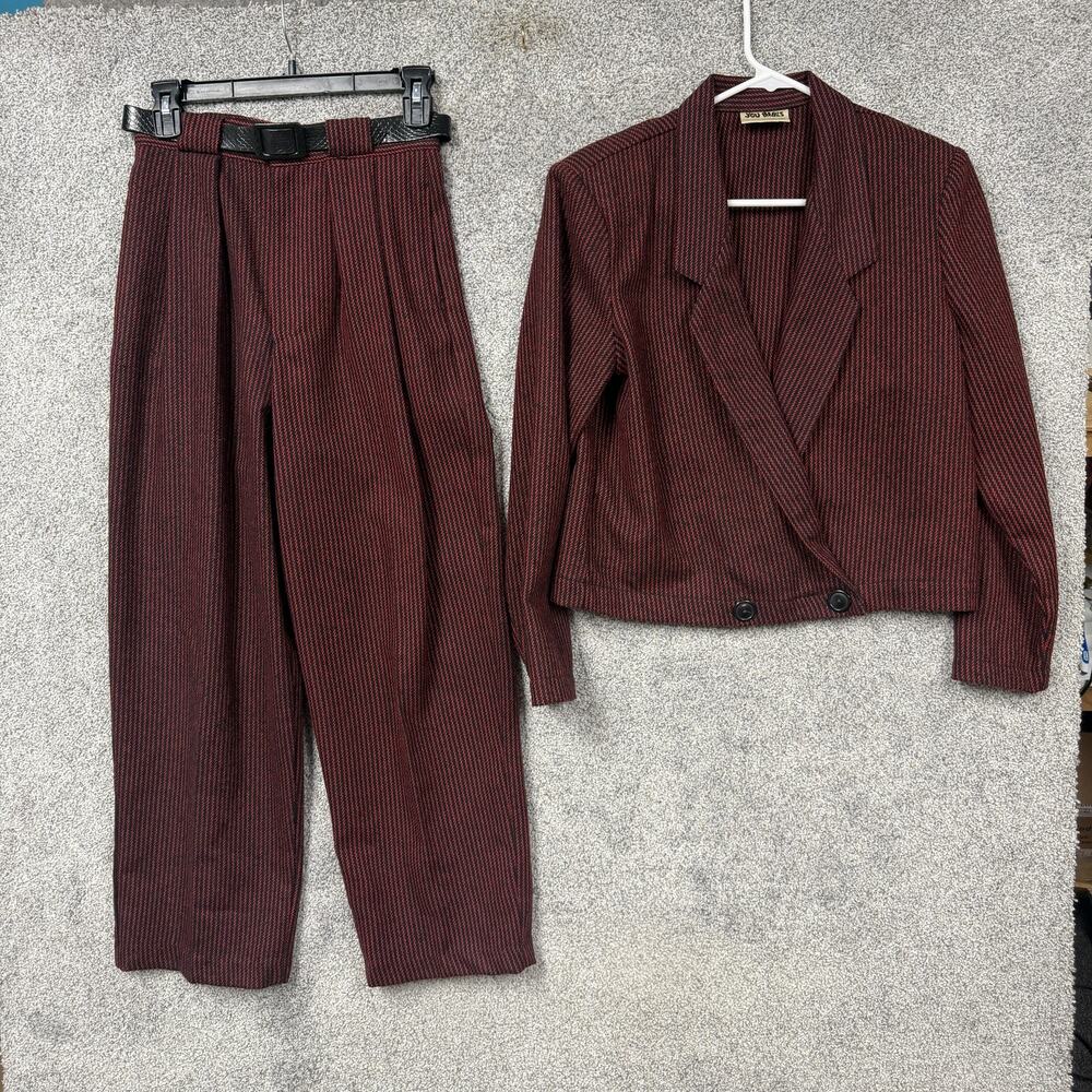 Vintage 80s 90s You Babes Suit Set Womens 7/8 Red Black Striped Preppy Academia